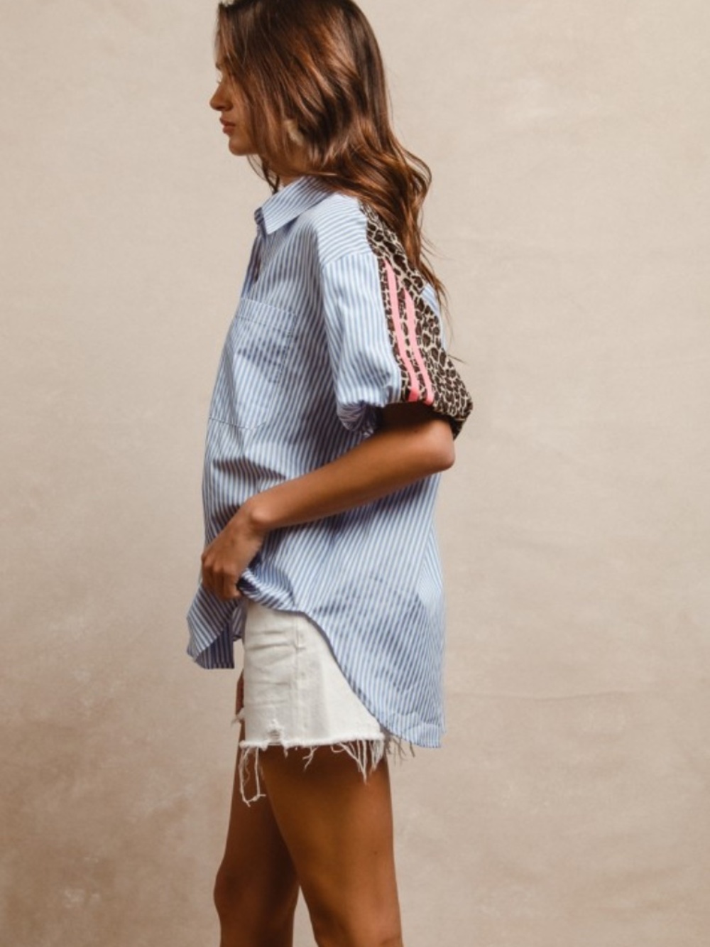 NWT Chambray Stripe Leopard Button Down Top - Picture 4 of 6